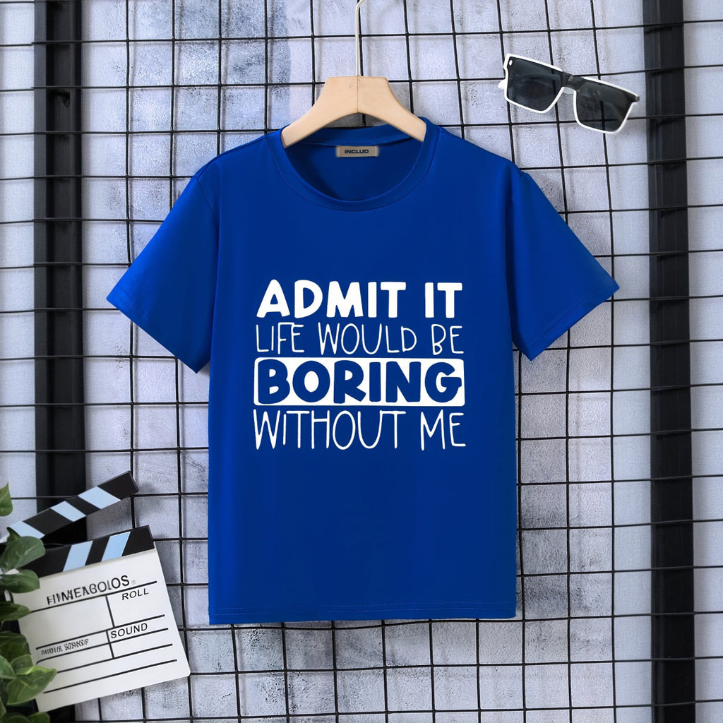 Boys Blue Typographic Printed Short Sleeves Round Neck T-Shirt Tshirts Blue 5-6 Y