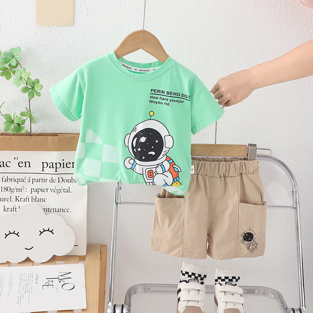 Boys Astronaut Printed Green T-Shirt With Shorts Set 2 pc. Sets