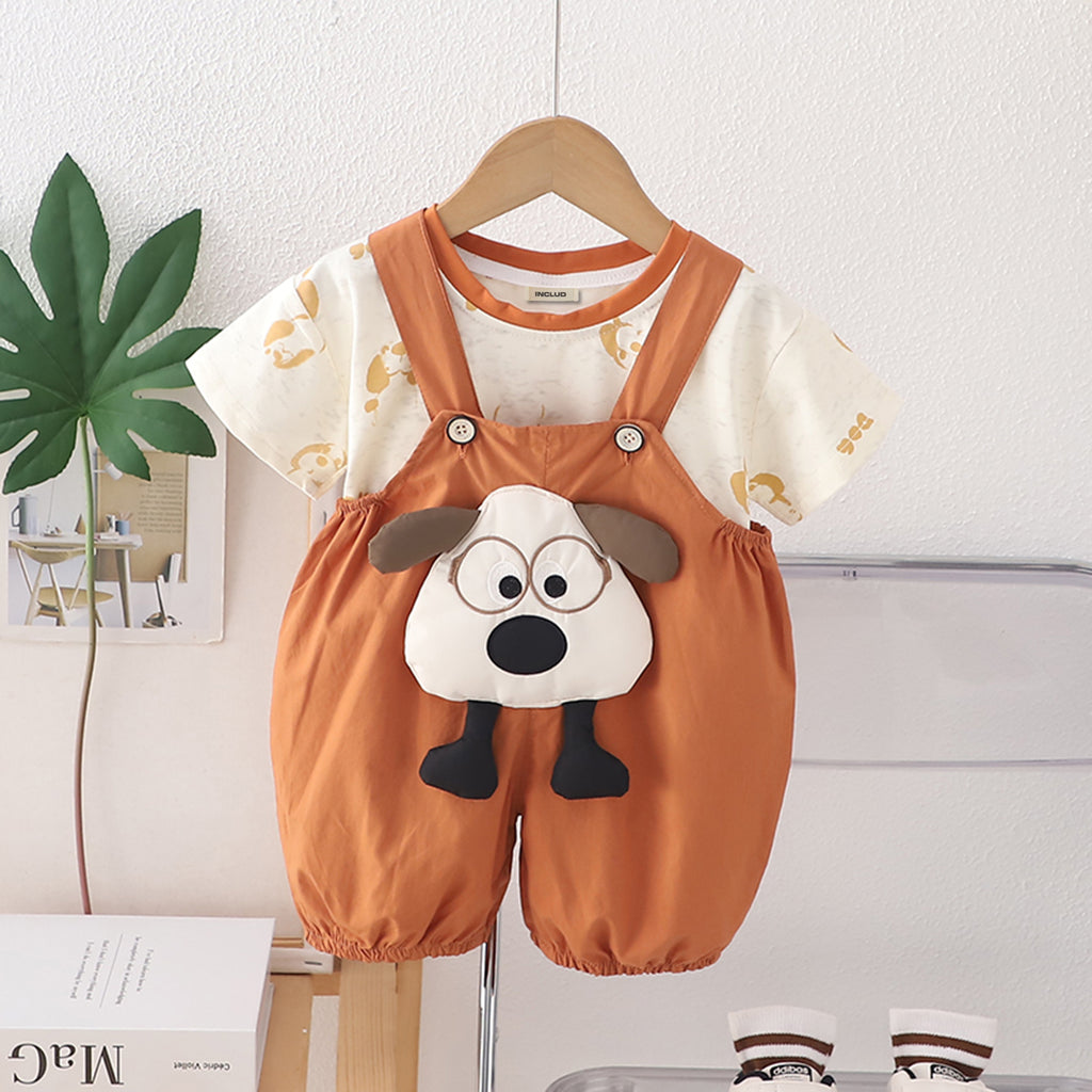 Boys Printed Short Sleeves T-Shirt With Khaki Embroidered Applique Dungaree Set 2 pc. Sets Khaki 1-2 Y