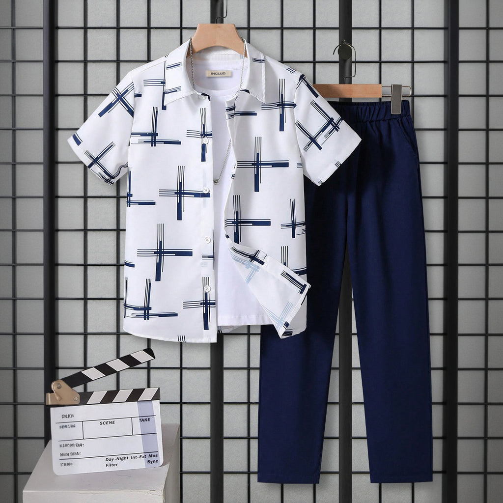 Boys White Abstract Print Short Sleeve Shirt With Pants Set 2 pc. Sets White 7-8 Y