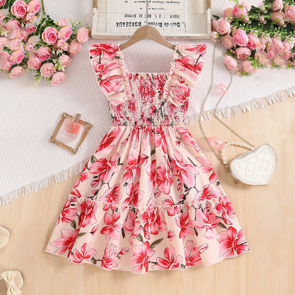 Girls Pink Floral Printed Sleeveless Square Neck Fit & Flare Dress Casual Dresses