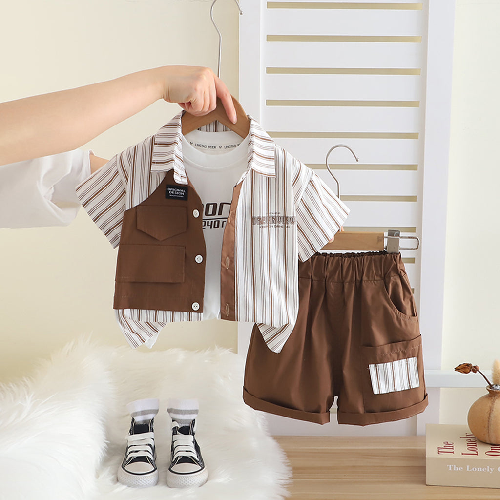 Boys Brown Striped Short Sleeves Shirt With T-Shirt And Shorts Set Sets Brown 1-2 Y