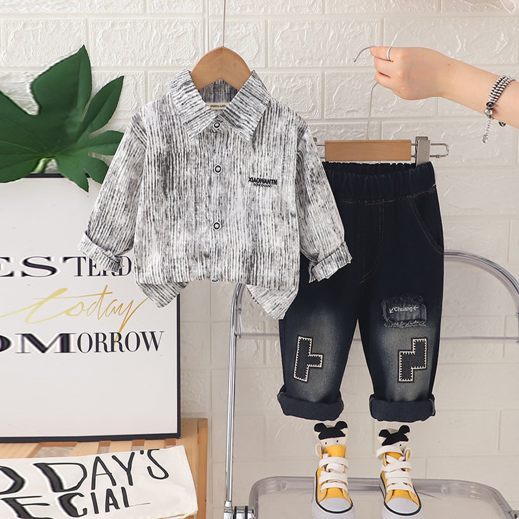 Boys Black Abstract Printed Long Sleeves Shirt With Denim Pants Set 2 pc. Sets Black 1-2 Y