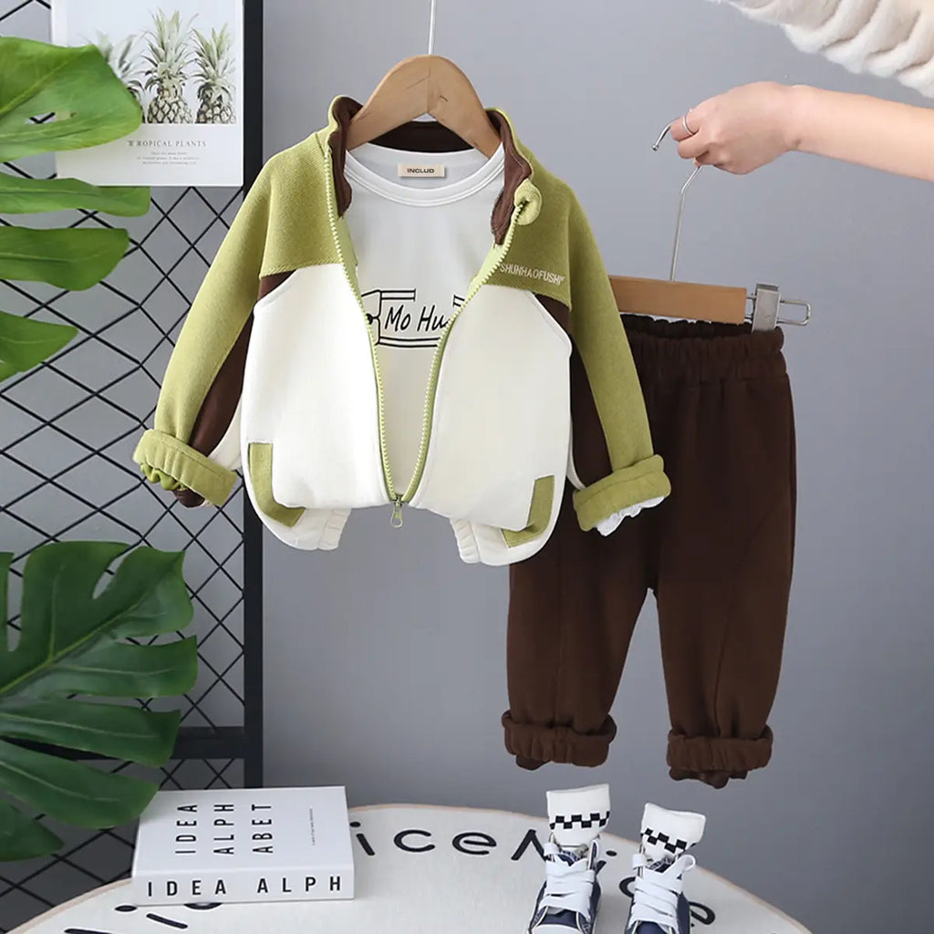 Boys Green Colorblocked Zipper Jacket With Printed T-Shirt & Jogger Sets Sets Green 1-2 Y