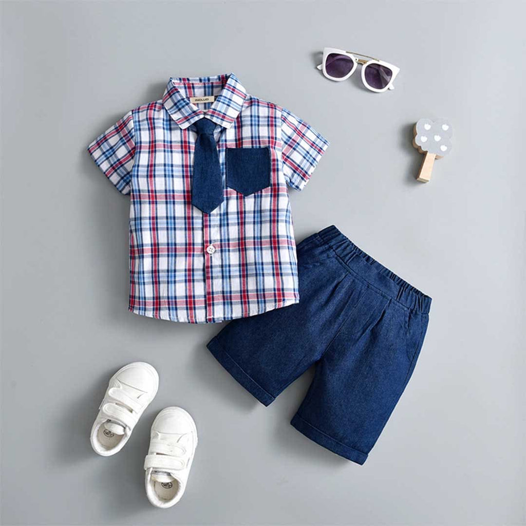Boys Short Sleeve Plaid Shirt With Shorts Set 2 pc. Sets Red 1-2 Y 