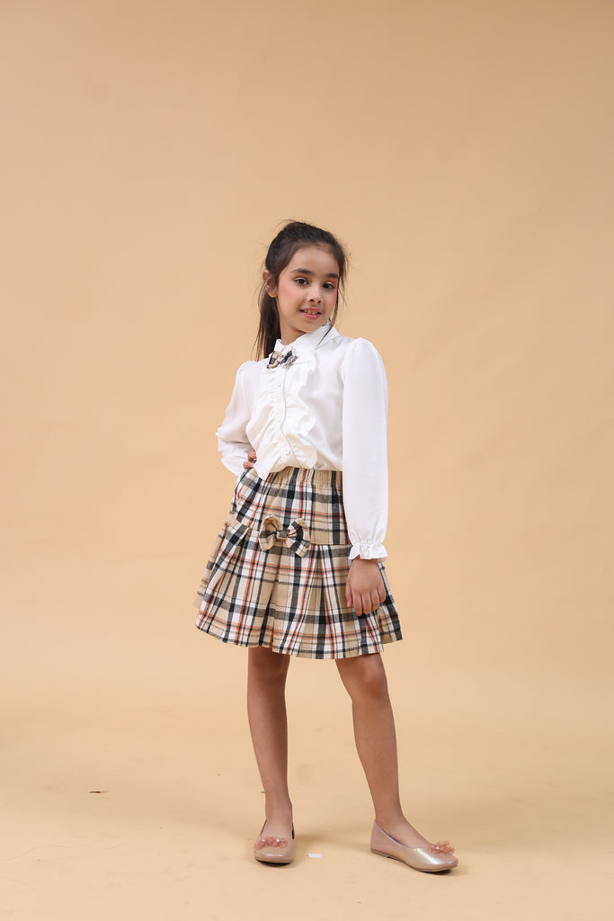 Girls White Long Sleeve Shirt With Checked Skirt Set Sets White 4-5 Y