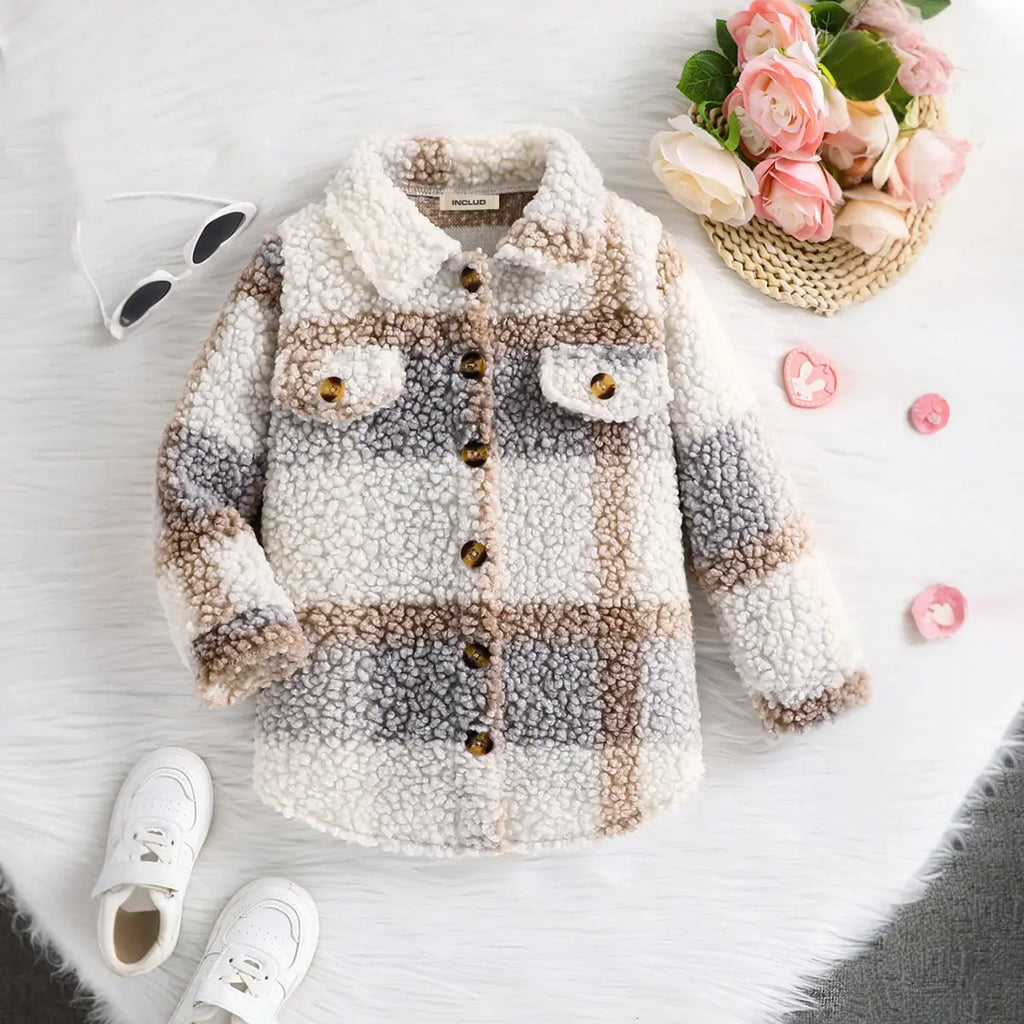 Girls Off White Plaid Button-Up Fleece Shacket Coats & Jackets Off White 3-4 Y