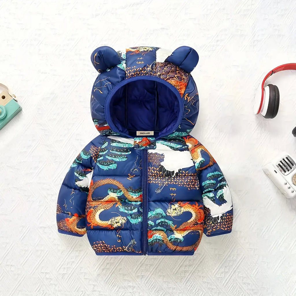 Boys Navy Blue Dragon Printed Hooded Zip-up Jacket Coats & Jackets Navy Blue 1-2 Y