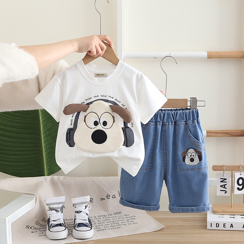 Boys White Appliqued Short Sleeves T-Shirt With Denim Shorts Set 2 pc. Sets White 1-2 Y