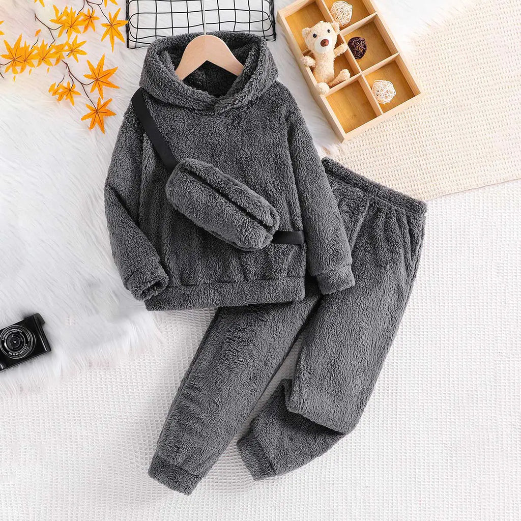 Boys Dark Grey Solid Hooded Fleece Sweatshirt With Jogger Co-ord Sets Sets Dark Grey 5-6 Y