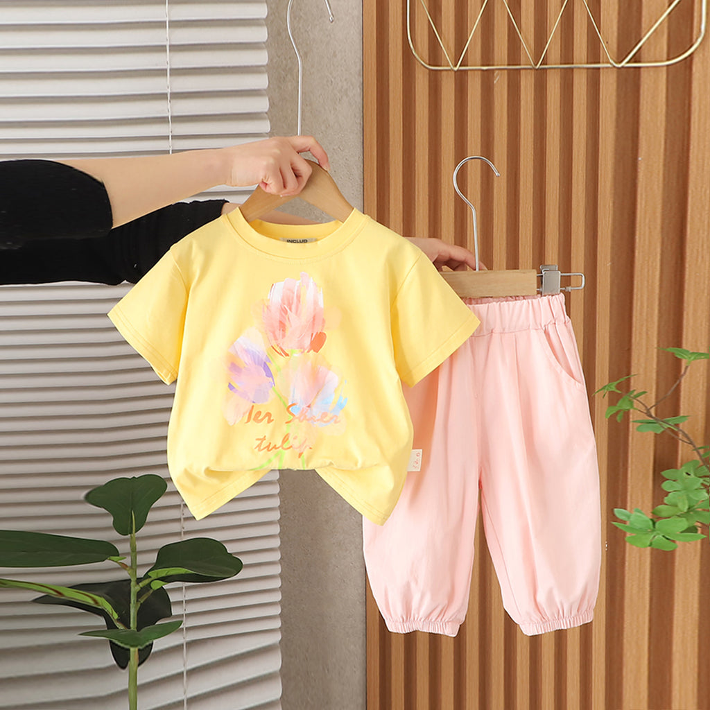 Girls Yellow Graphic Printed Short Sleeves T-Shirt With Pants Set 2 pc. Sets Yellow 1-2 Y