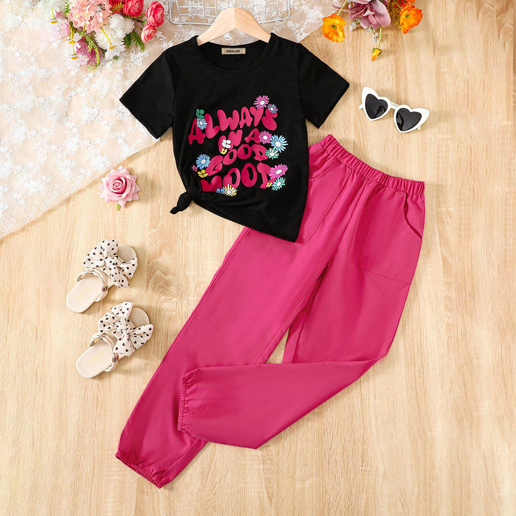 Girls Pink Short Sleeve Printed T-Shirt With Elasticated Pants Set 2 pc. Sets Black 7-8 Y
