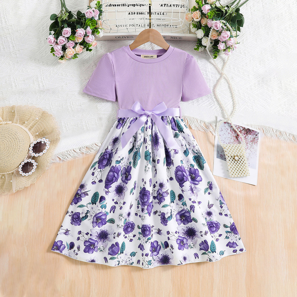 Girls Purple Rose Printed Short Sleeves Fit And Flared Dress Casual Dresses Purple 3-4 Y