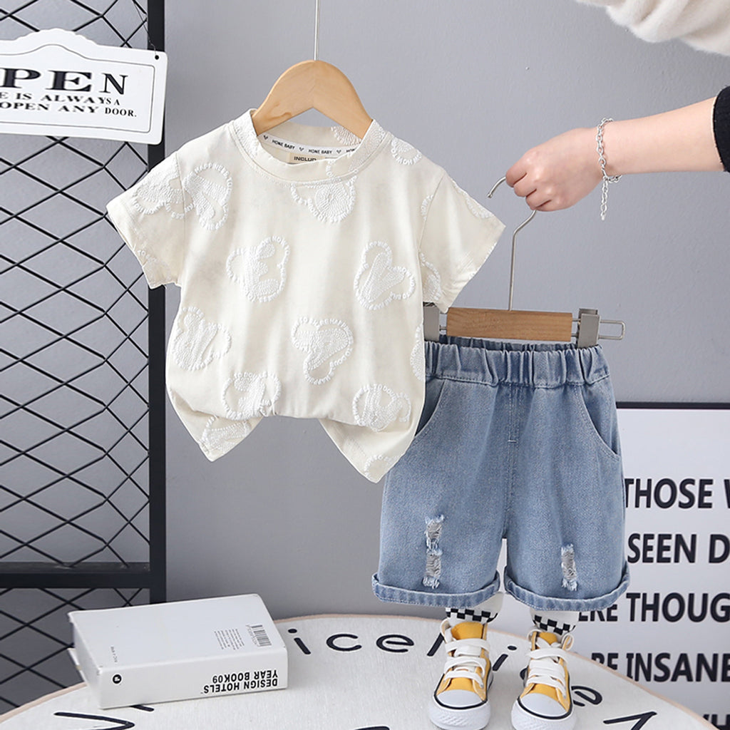 Girls Off White Puff Print Short Sleeve T-Shirt With Denim Shorts Set 2 pc. Sets Off White 1-2 Y