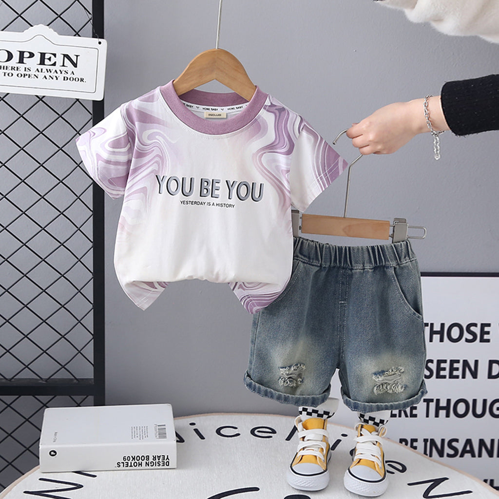 Boys Purple Short Sleeve Printed T-Shirt With Denim Shorts Set 2 pc. Sets Purple 1-2 Y
