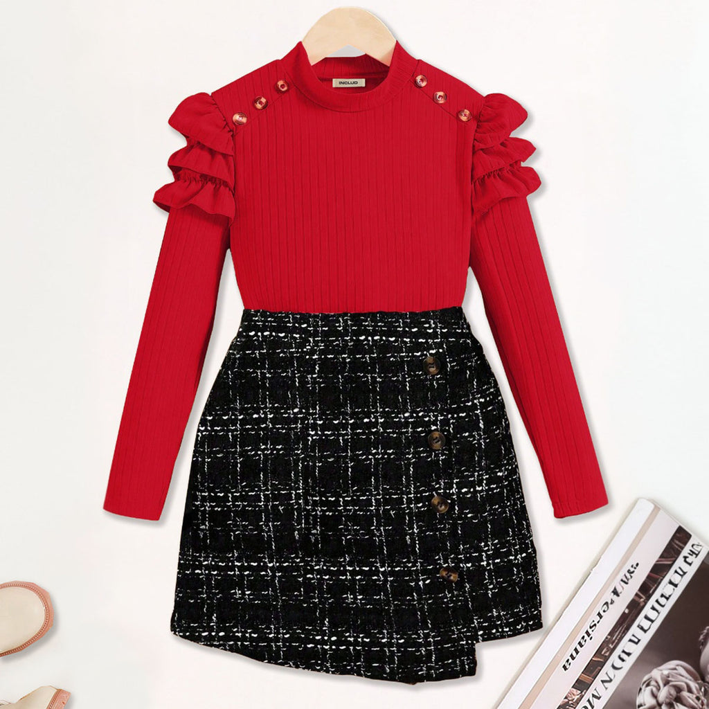 Girls Red Self-Design Stripe Top With Textured Skirt Set 2 pc. Sets Red 7-8 Y