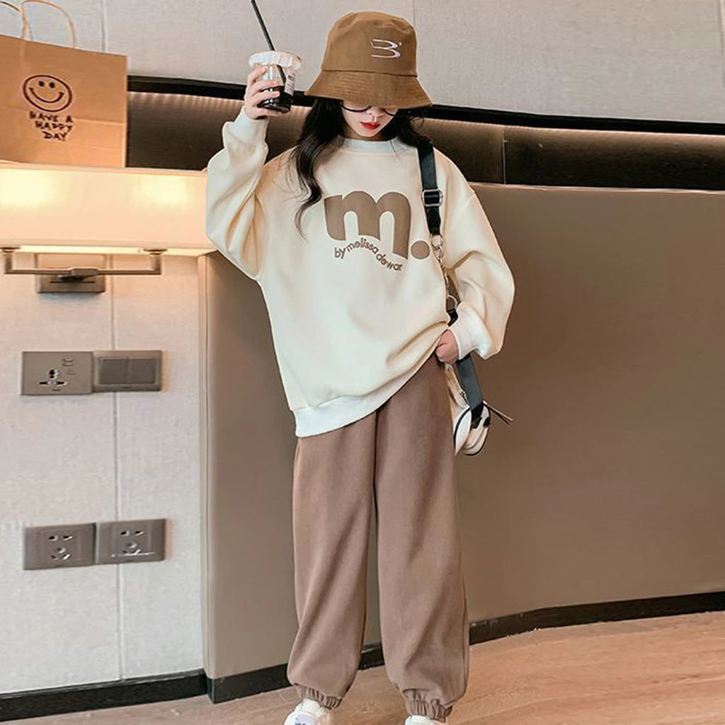 Girls Off White Typographic Printed Oversized Sweatshirt With Jogger Sets Sets Off White 5-6 Y