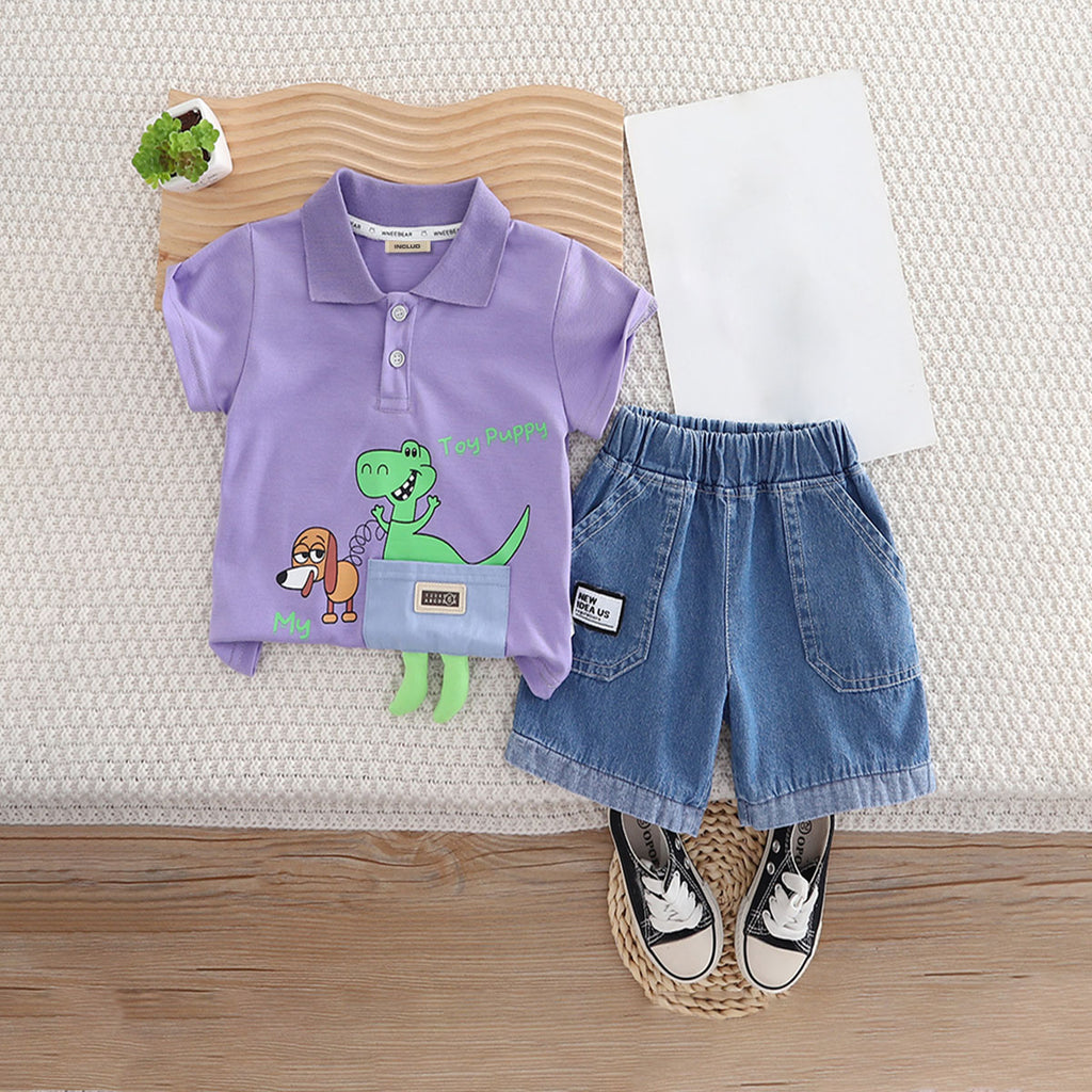 Boys Purple Graphic Short Sleeves Polo T-Shirt With Denim Shorts Set 2 pc. Sets Purple 1-2 Y
