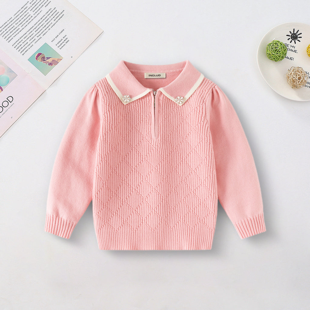 Girls Pink Self-Design Half Zipper Polo Sweater Sweaters & Cardigans Pink 2-3 Y