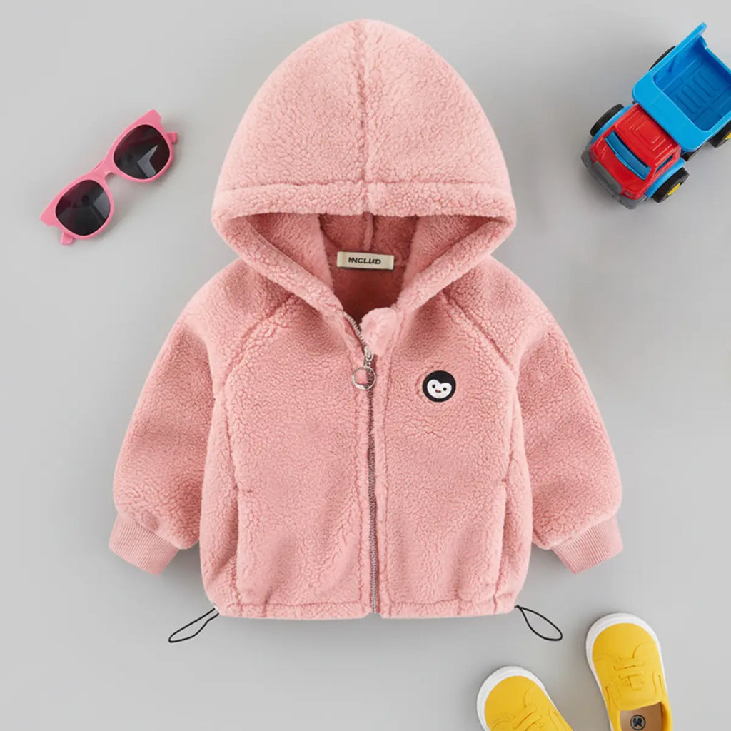 Boys Pink Fleece Hooded Raglan Sleeves Zipper Jacket Coats & Jackets Pink 1-2 Y