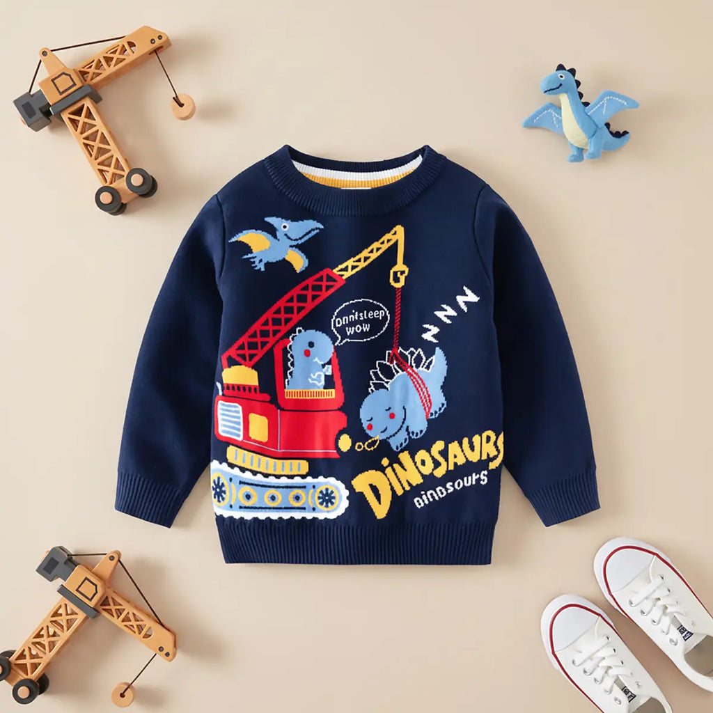 Boys Navy Blue Sweater With Self-Design Dinosaur Cartoon Patterns Sweaters & Cardigans Navy Blue 2-3 Y