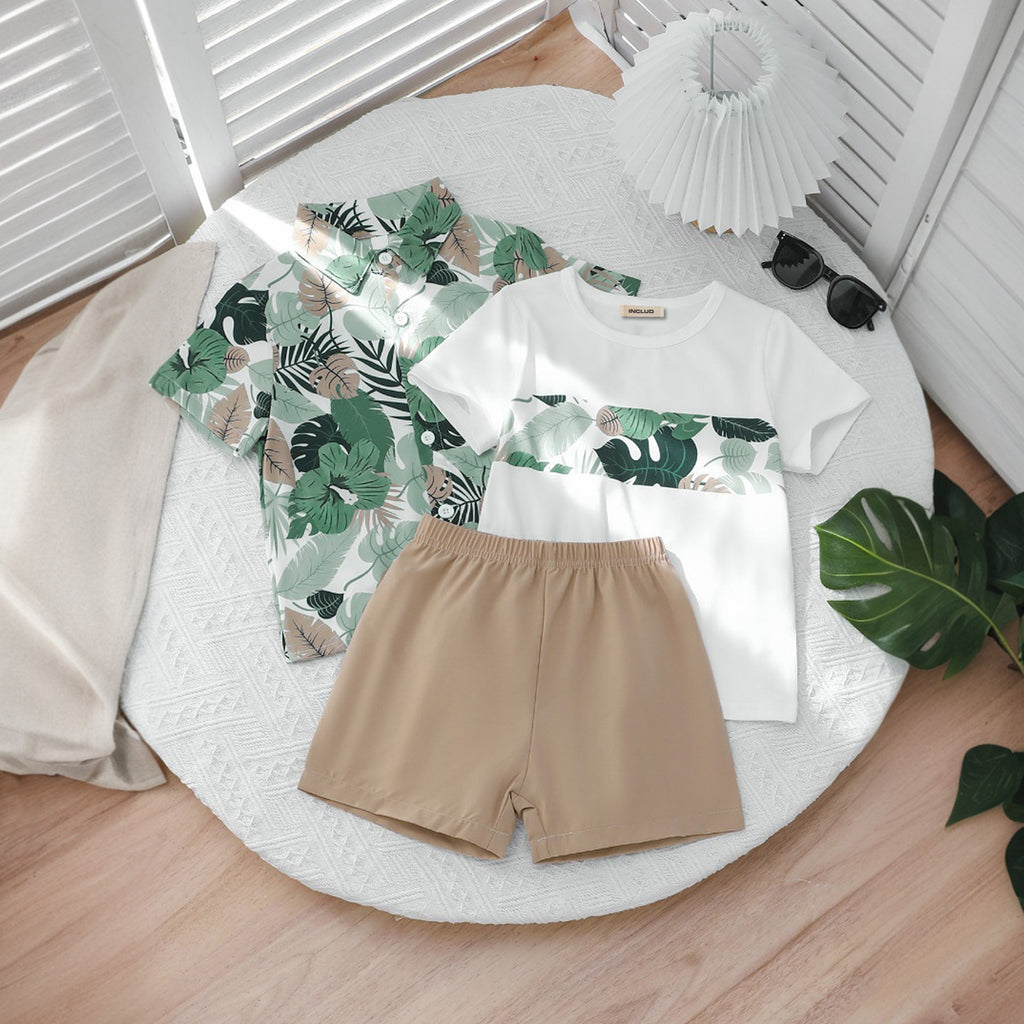 Boys Green Floral Printed Shirt With T-Shirt And Shorts Set 3 pc. Sets Green 3-4 Y