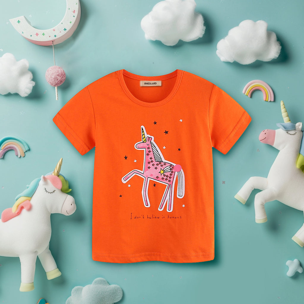 Girls Printed Short Sleeves T-Shirt Tshirts Orange 1-2 Y 