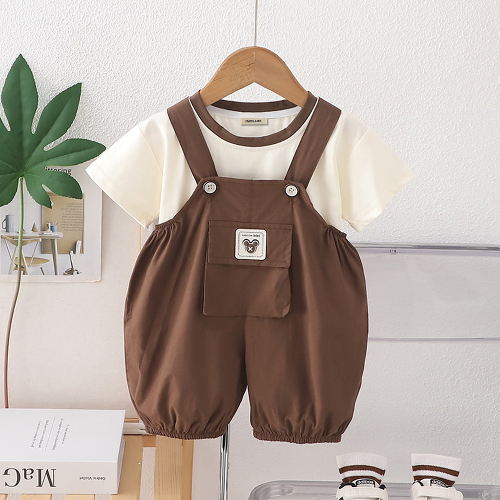 Boys Contrast Neck Band Short Sleeves T-Shirt With Brown Dungaree Set 2 pc. Sets Brown 1-2 Y