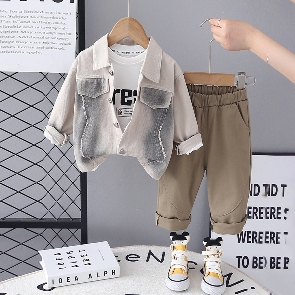 Boys Beige Solid Shacket With Printed T-Shirt & Pants Set Sets Beige 1-2 Y
