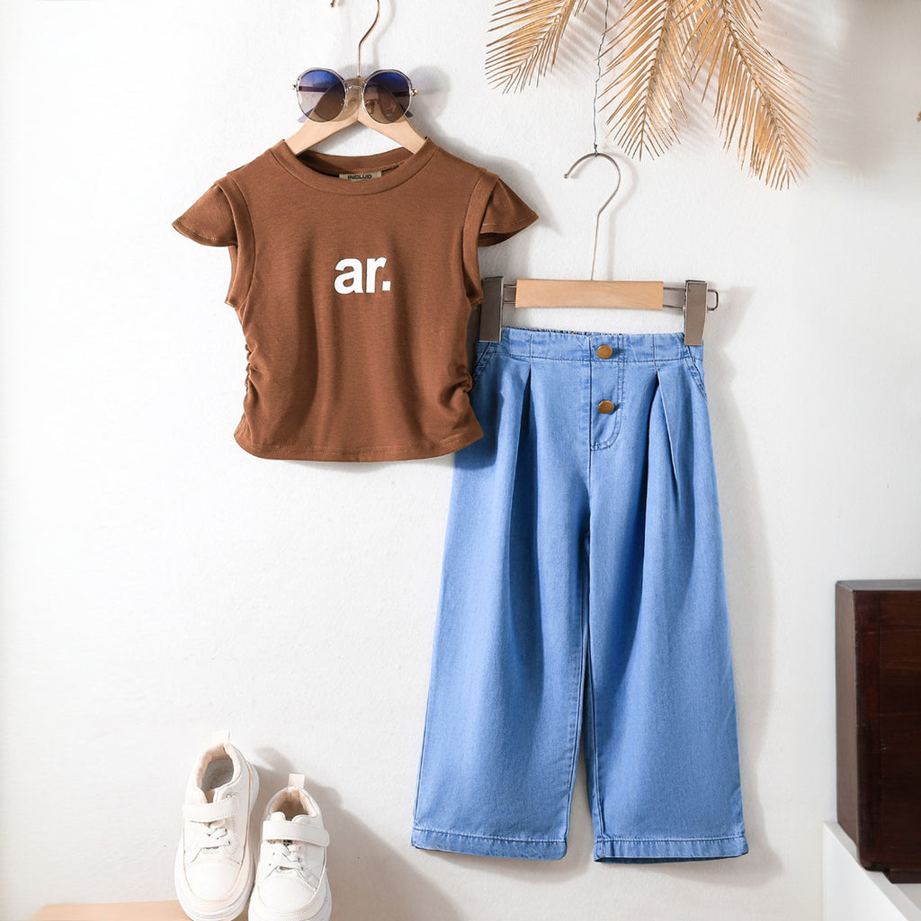 Girls Brown Printed Ruched Top with Pleated Denims Set Sets Brown 3-4 Y
