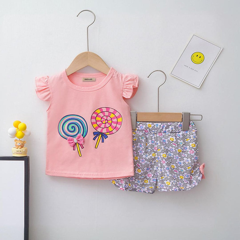 Girls Graphic Print Top With Printed Shorts Set Sets Light Pink 1-2 Y