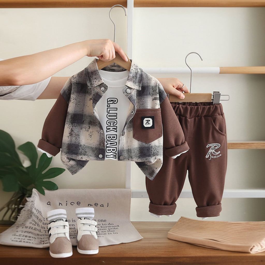 Boys Brown Checked Shirt With T-Shirt And Pants Sets 3 pc. Sets Brown 1-2 Y