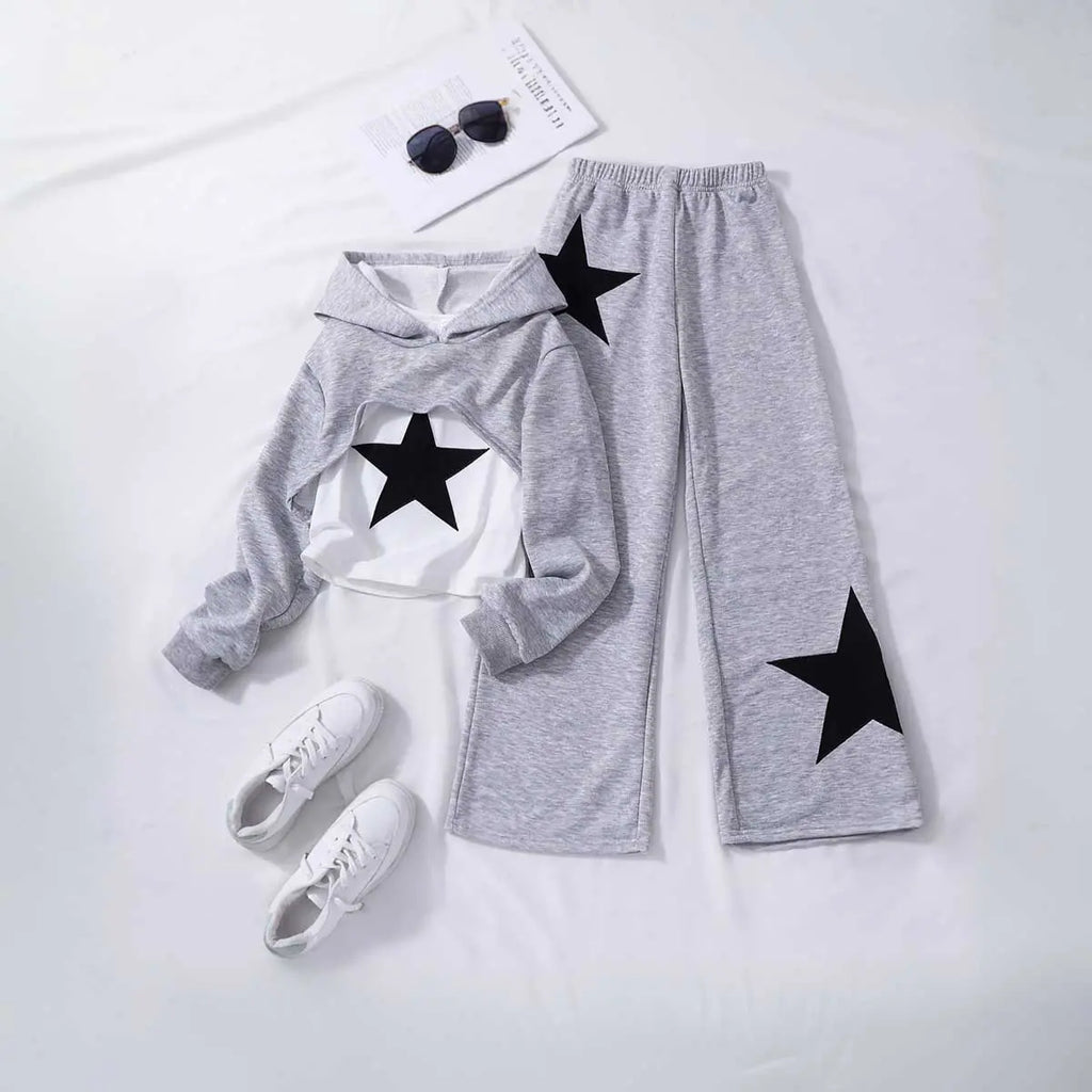 Girls Grey Star Print Sleeveless T-Shirt With Hooded Crop Top And Pants Set 3 pc. Sets Grey 8-9 Y