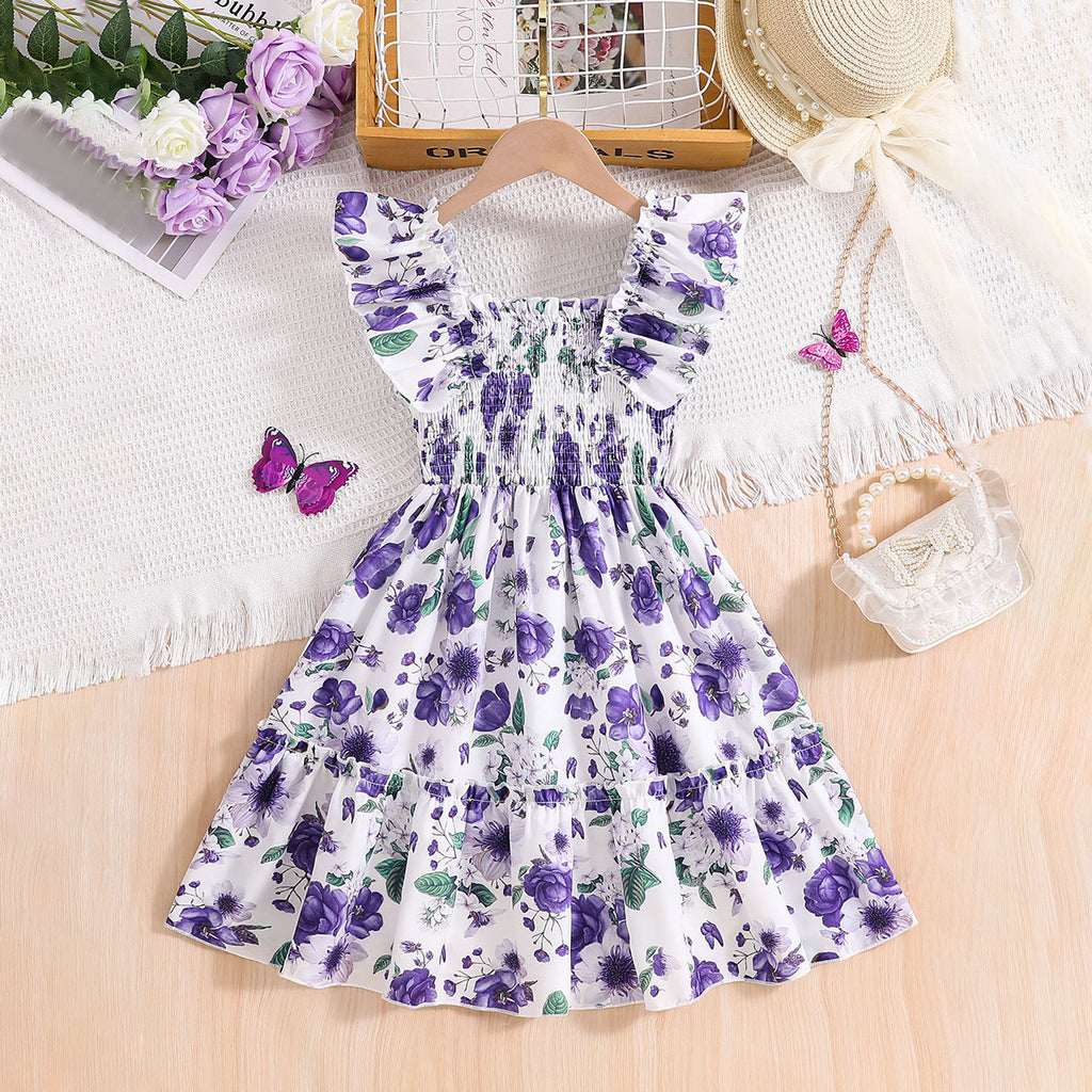 Girls Purple Floral Printed Sleeveless Square Neck Fit & Flare Dress Casual Dresses Purple 3-4 Y