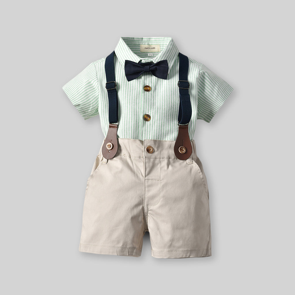 Boys Striped Shirt with Bow & Suspender Shorts Formal Set Sets Green 1-2 Y 