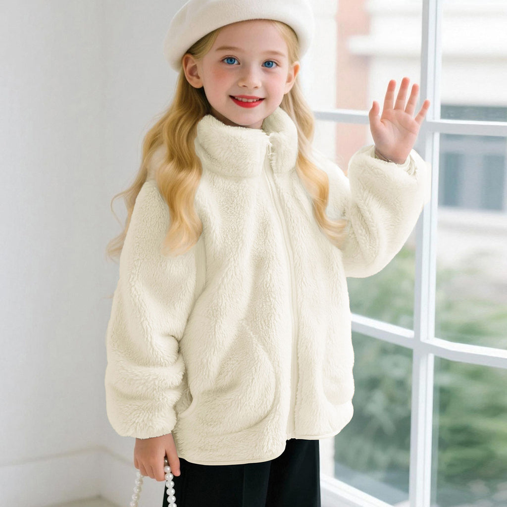 Girls Cream Solid Polar Fleece Zip Up Winter Jacket Coats & Jackets