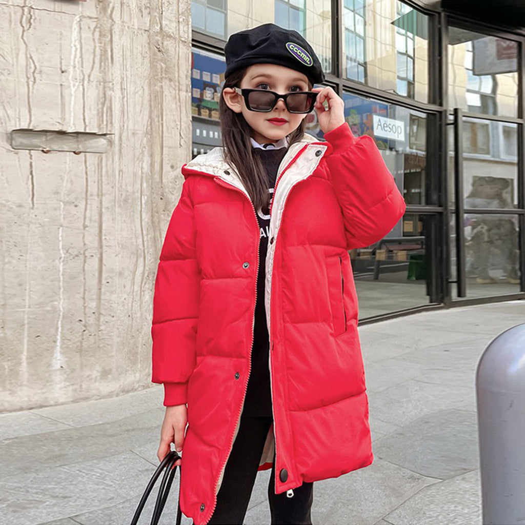 Girls Red Solid Puffer Hooded Down Jacket Coats & Jackets