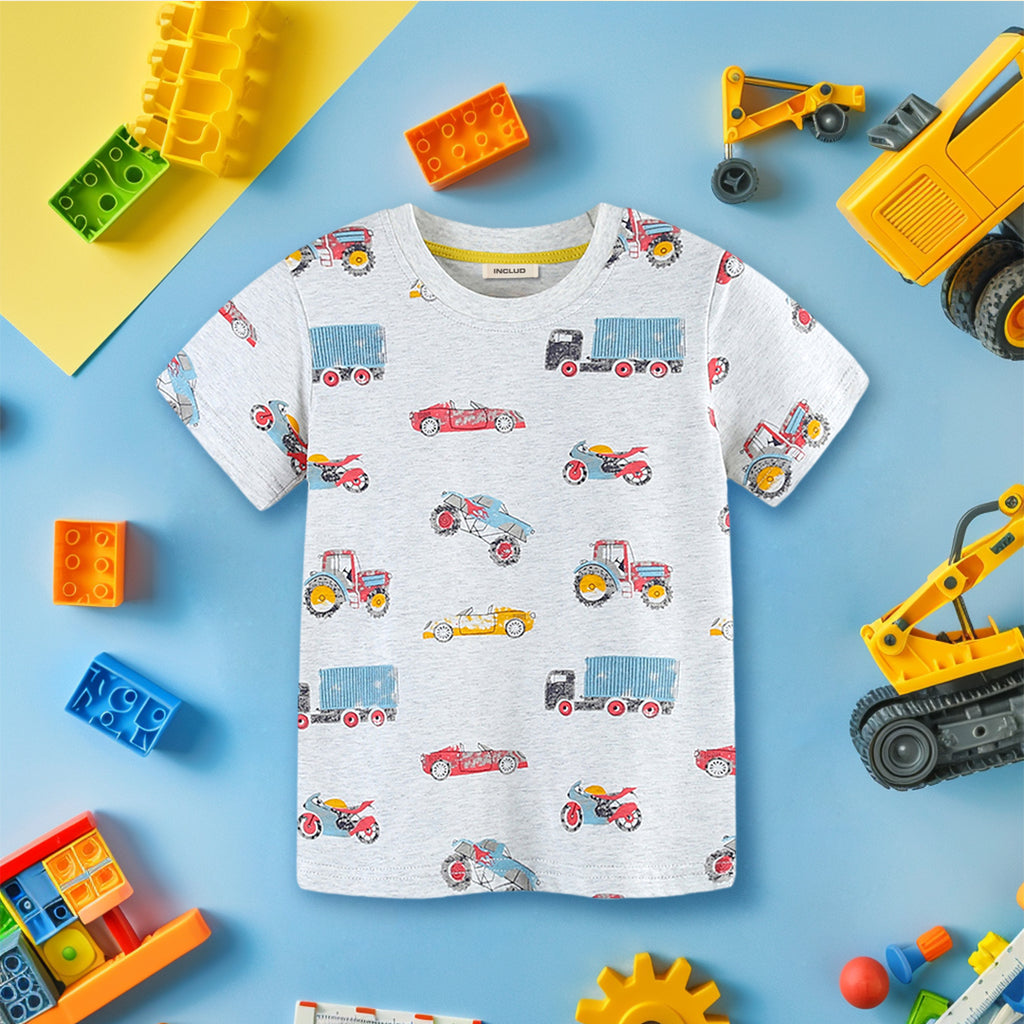 Boys Car Printed Short Sleeves T-Shirt Tshirts Grey 1-2 Y 