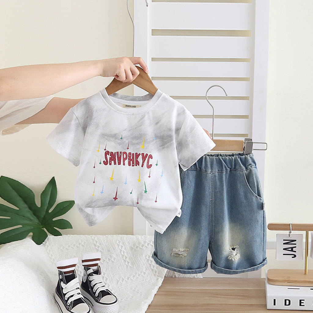 Boys Light Grey Tie-Dye Printed Short Sleeves T-Shirt With Denim Shorts Set 2 pc. Sets Light Grey 1-2 Y