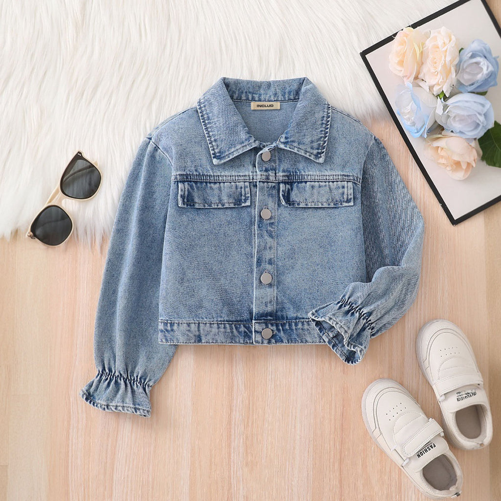 Girls Blue Solid Denim Long Sleeves Winter Jacket Coats & Jackets Blue 3-4 Y