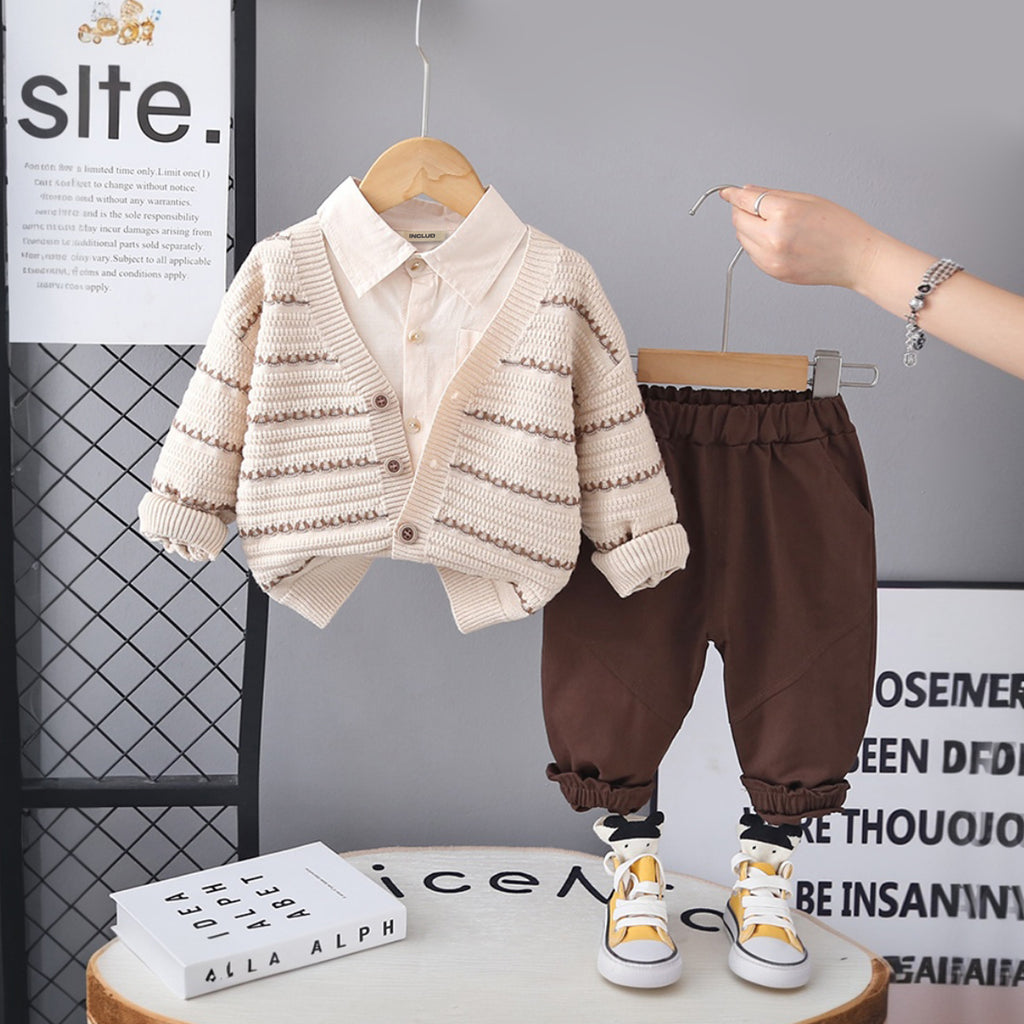 Boys Self-Design Cardigan With Shirt and Brown Pants Set Sets Brown 1-2 Y