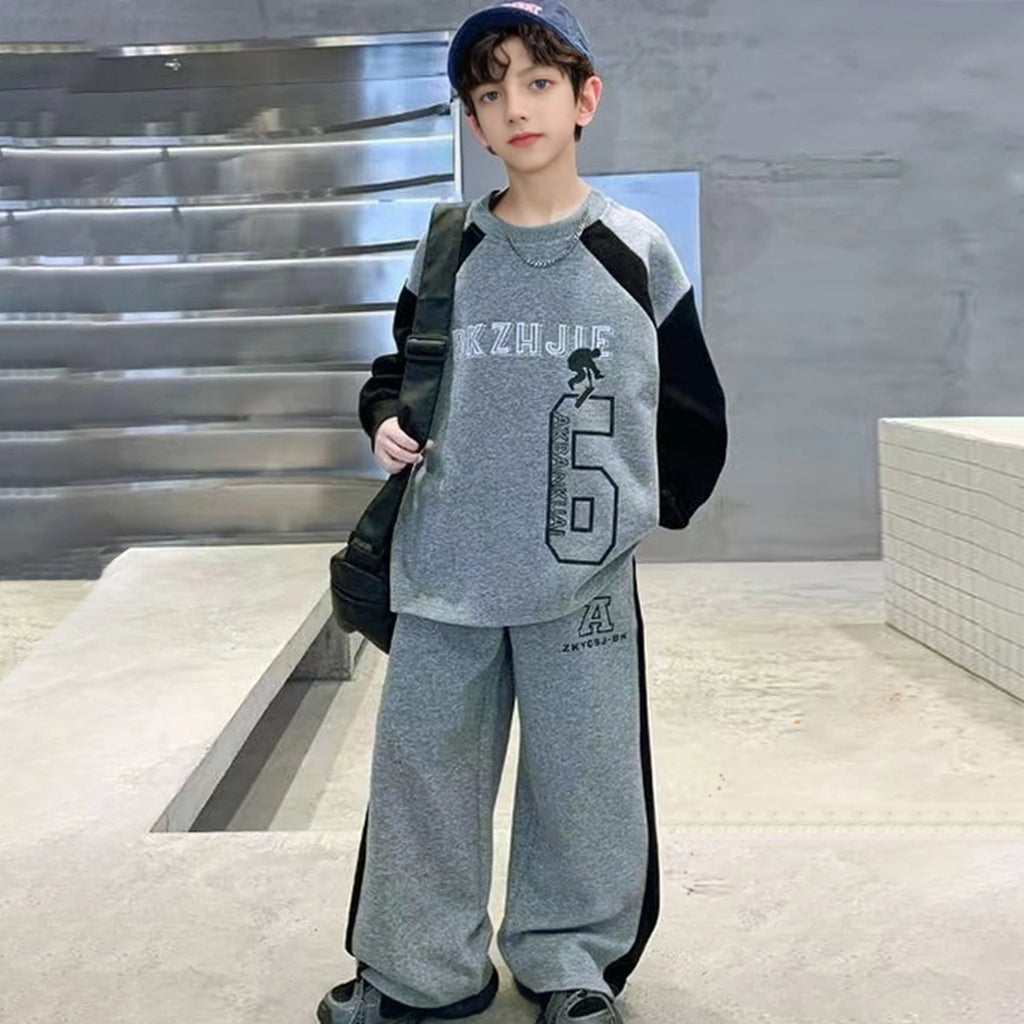 Boys Grey Alphanumeric Printed Oversized Sweatshirt With Wide Leg Pant Sets Sets Grey 5-6 Y