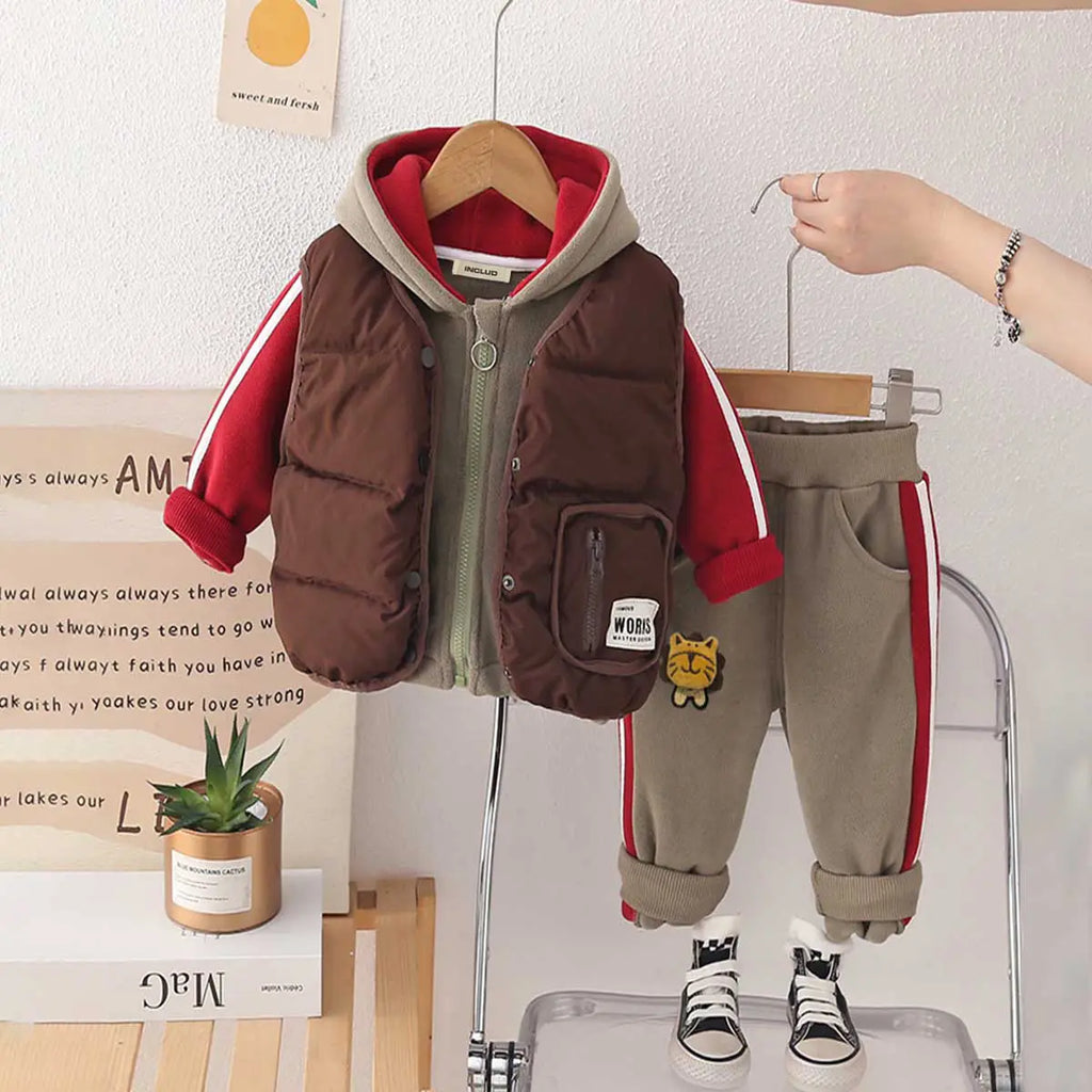 Boys Green Hooded Zipper Jacket With Puffer Vest & Jogger Sets Sets Green 1-2 Y