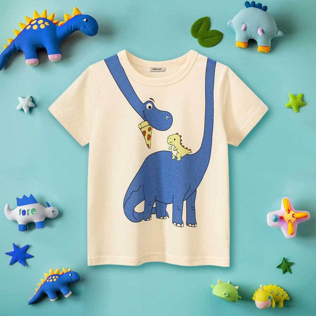 Boys Dinosaur Print Short Sleeves T-Shirt Tshirts Beige 1-2 Y 