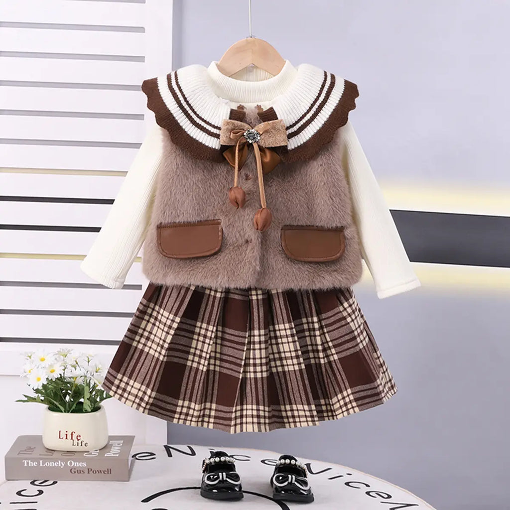 Girls Light Brown Sleeveless Jacket With Regular T-Shirt & Skirt Sets 3 pc. Sets Light Brown 1-2 Y