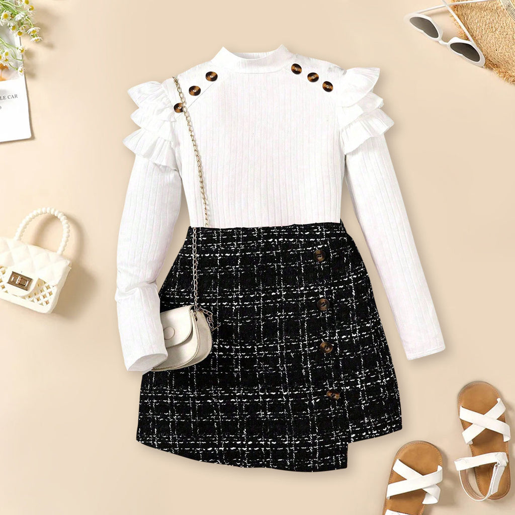 Girls White Self-Design Stripe Top With Textured Skirt Set 2 pc. Sets White 7-8 Y