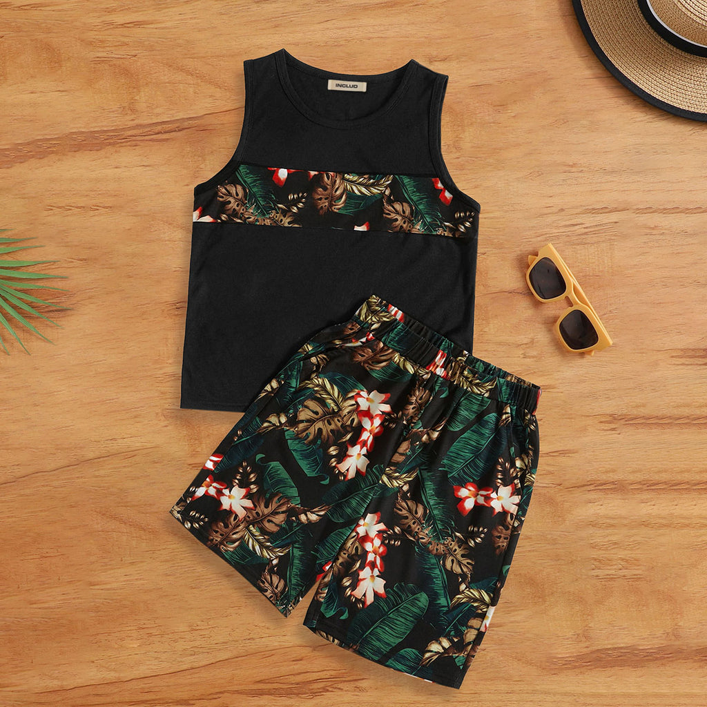 Boys Black Tropical Printed Sleeveless Vest With Shorts Set 2 pc. Sets White 7-8 Y