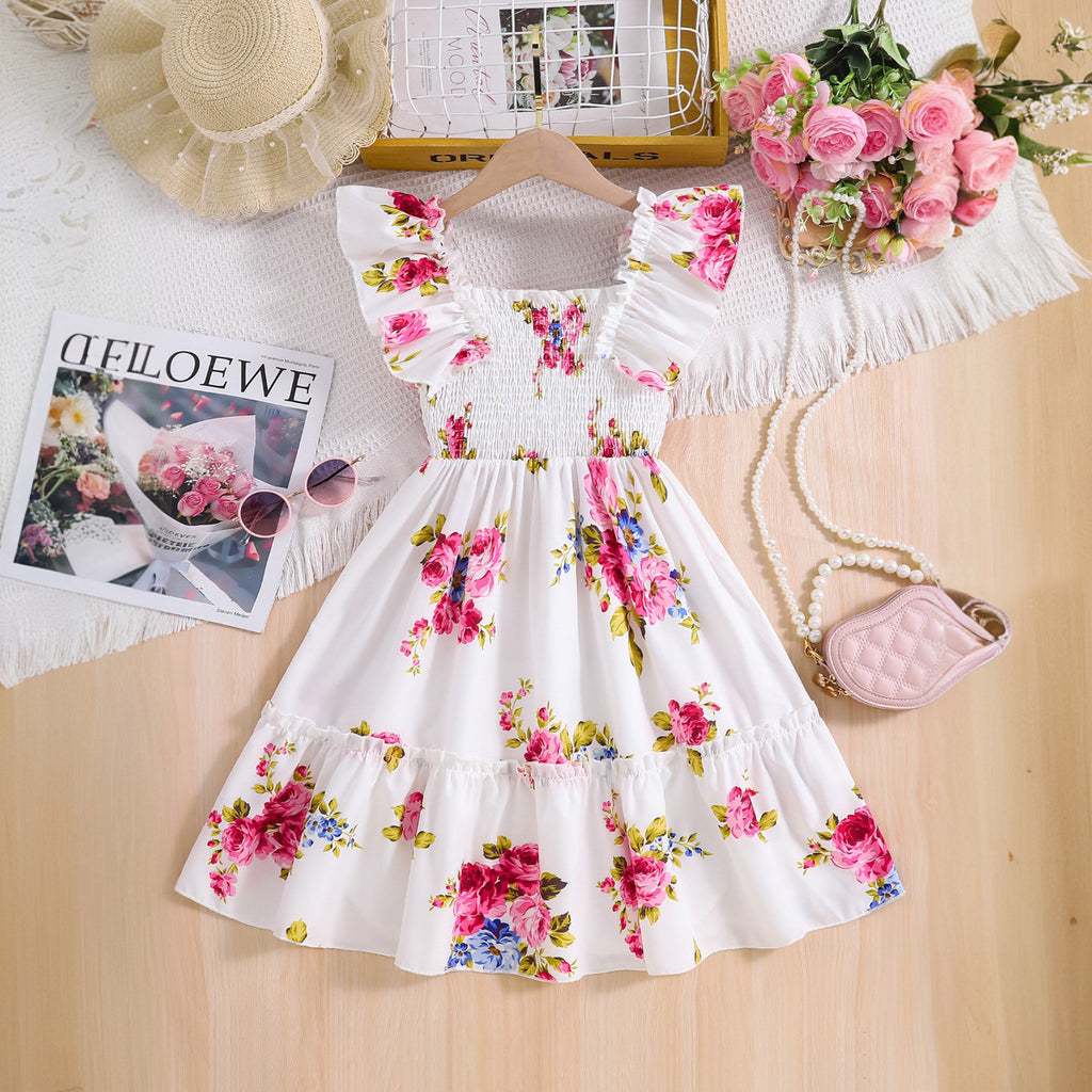 Girls White Rose Printed Sleeveless Smocked Fit And Flared Dress Casual Dresses White 3-4 Y