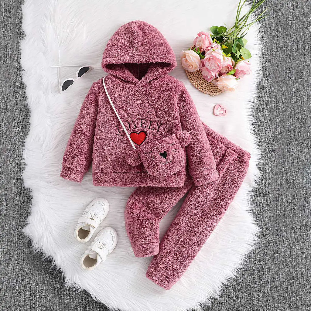 Girls Pink Embroidered Hooded Fleece Sweatshirt With Jogger Co-ord Sets 2 pc. Sets Pink 3-4 Y