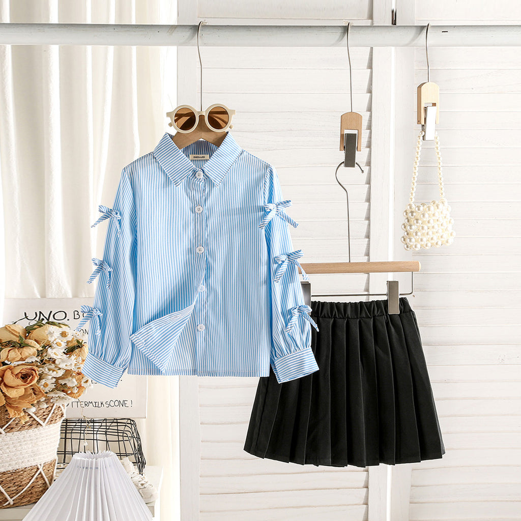 Girls Light Blue Pin Striped Shirt With Pleated Skirt Summer Set 2 pc. Sets Light Blue 3-4 Y
